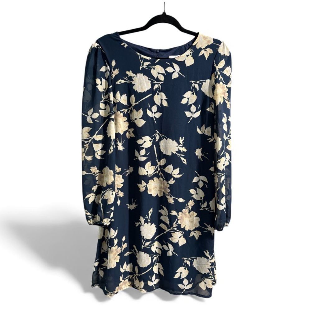 Apricot Navy Blue Cream Floral Long Sleeve Shift Dress Size M